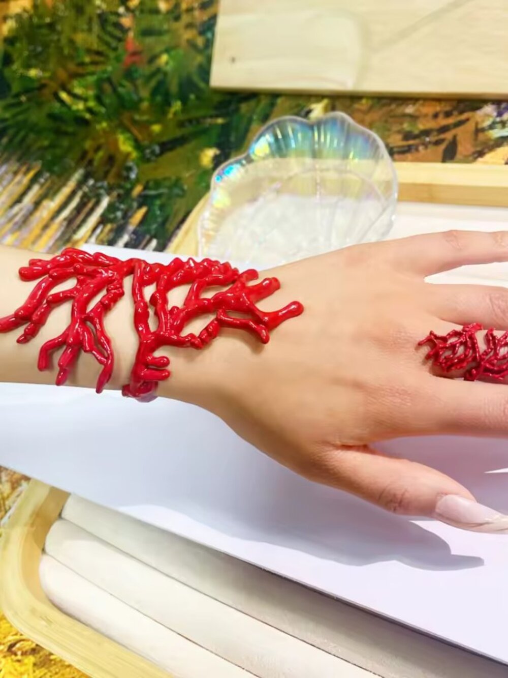 Red Coral Branch Cuff Bracelet & Ring Set Coastal Statement Jewelry